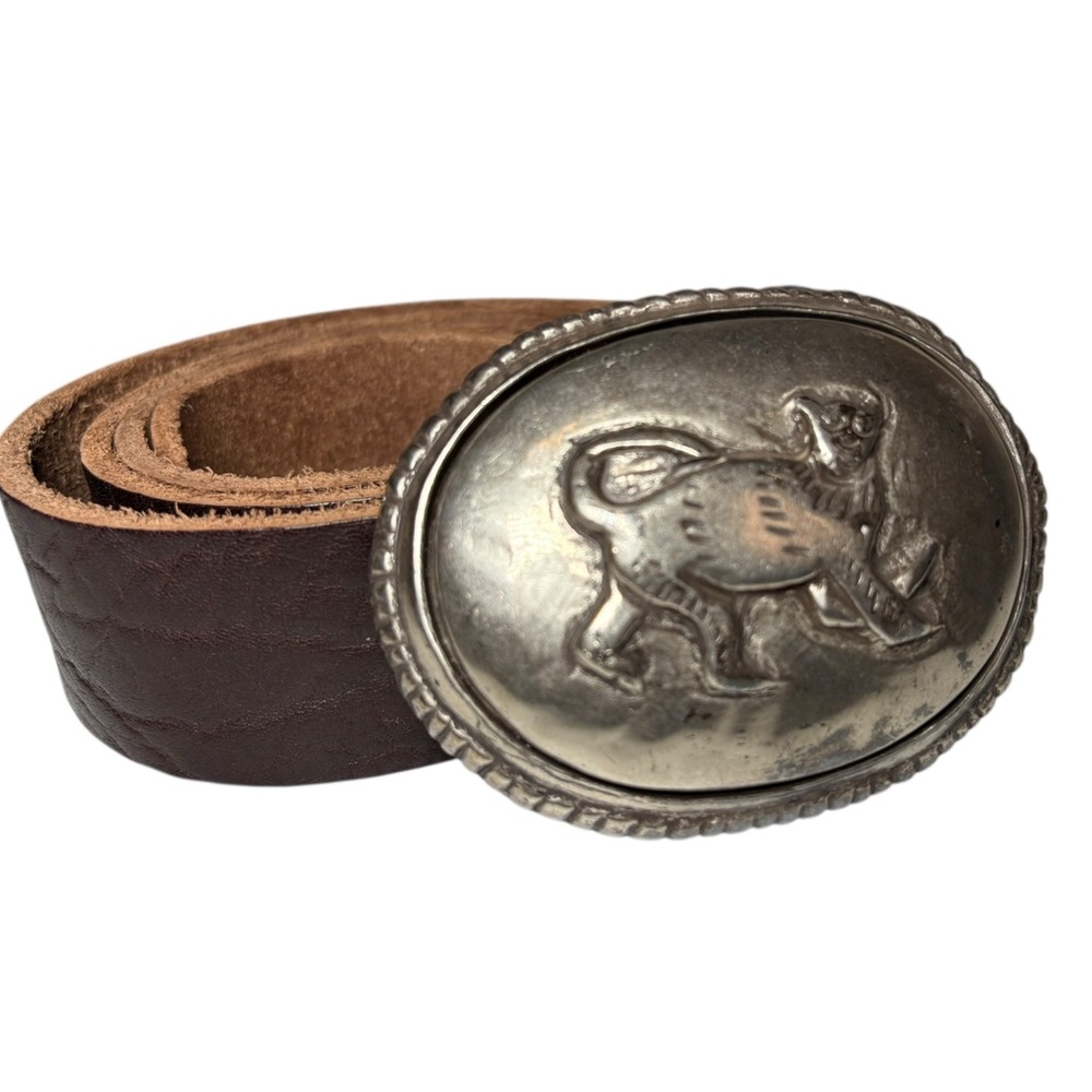 Unique B.A.D. Silver Lion Buckle Brown Genuine Leather Belt Men's S 33in - 37in